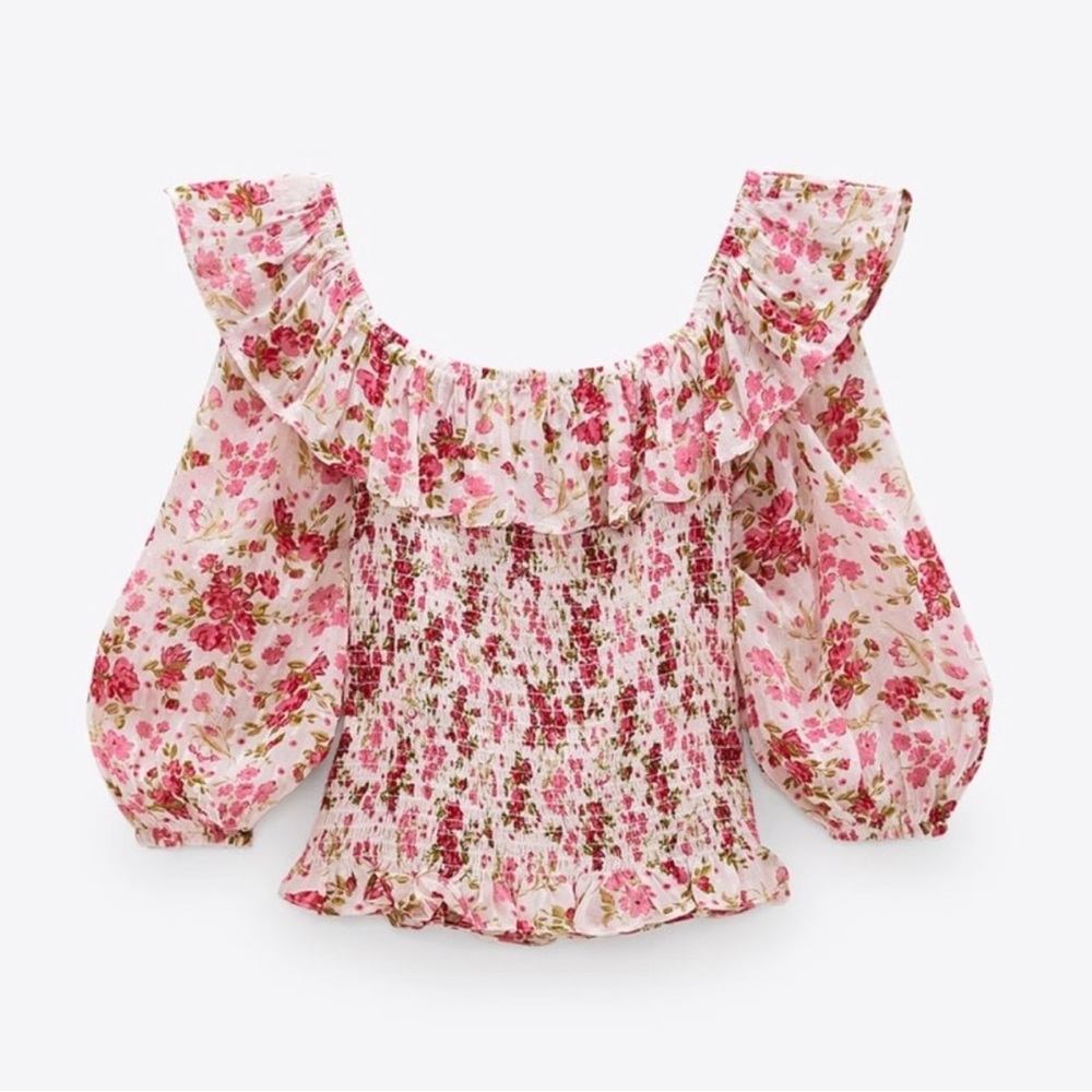 Zara pink floral ruffle top blouse